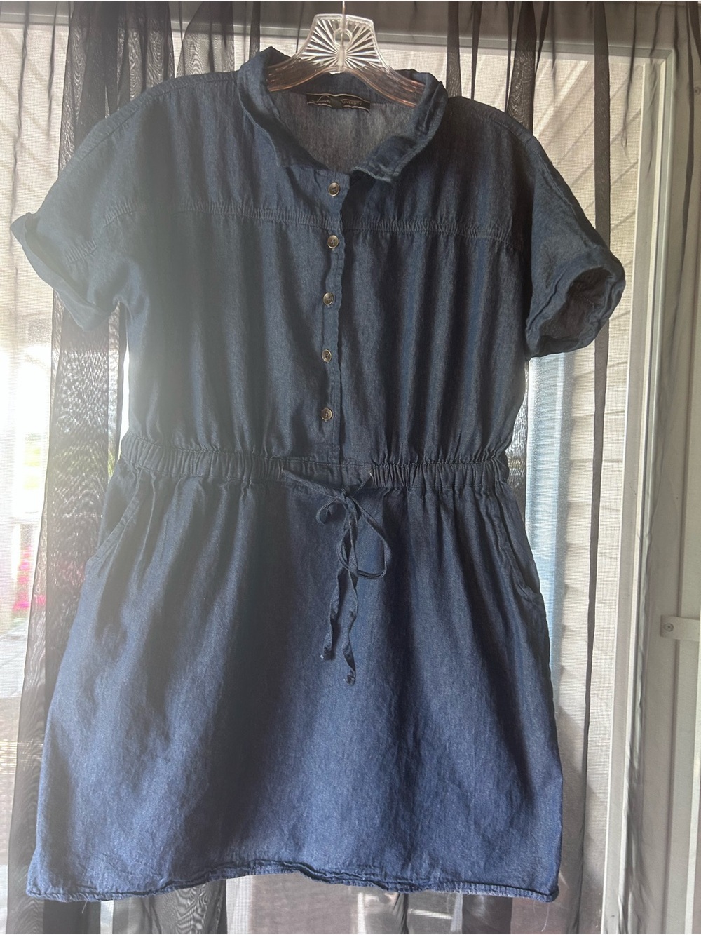 Relaxed Navy Button-Front Drawstring Tunic Dress